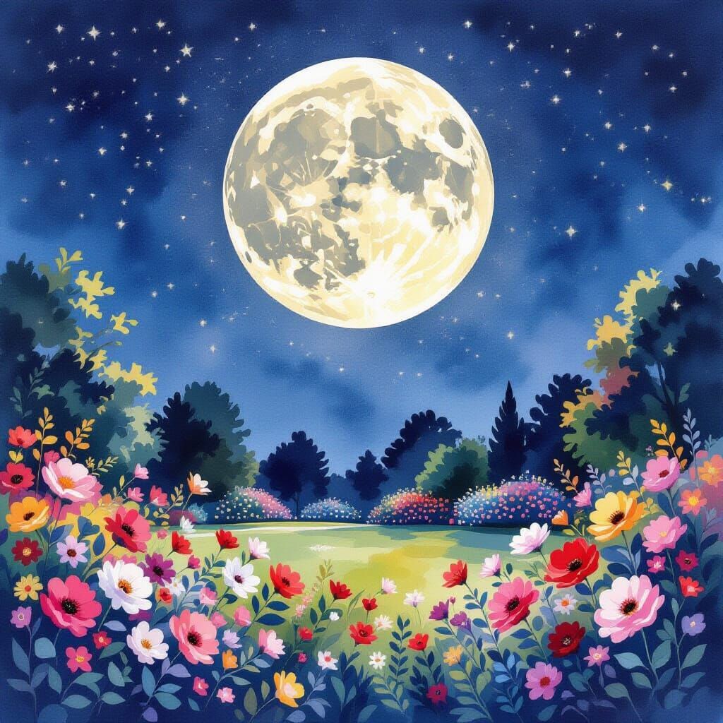 Moonlit Floral Park at Night in Watercolor Style