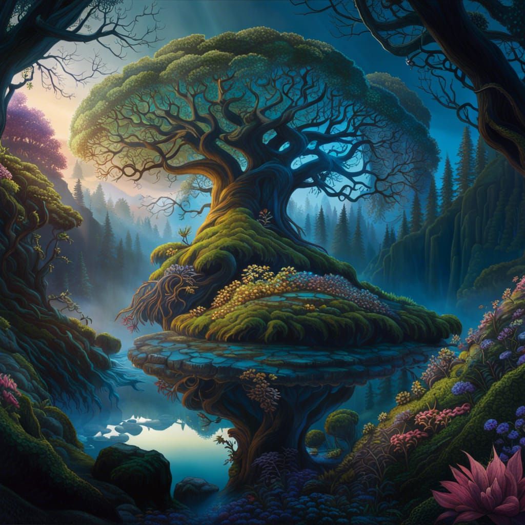 Enchanted Forest with Ancient Tree in Fantasy Art