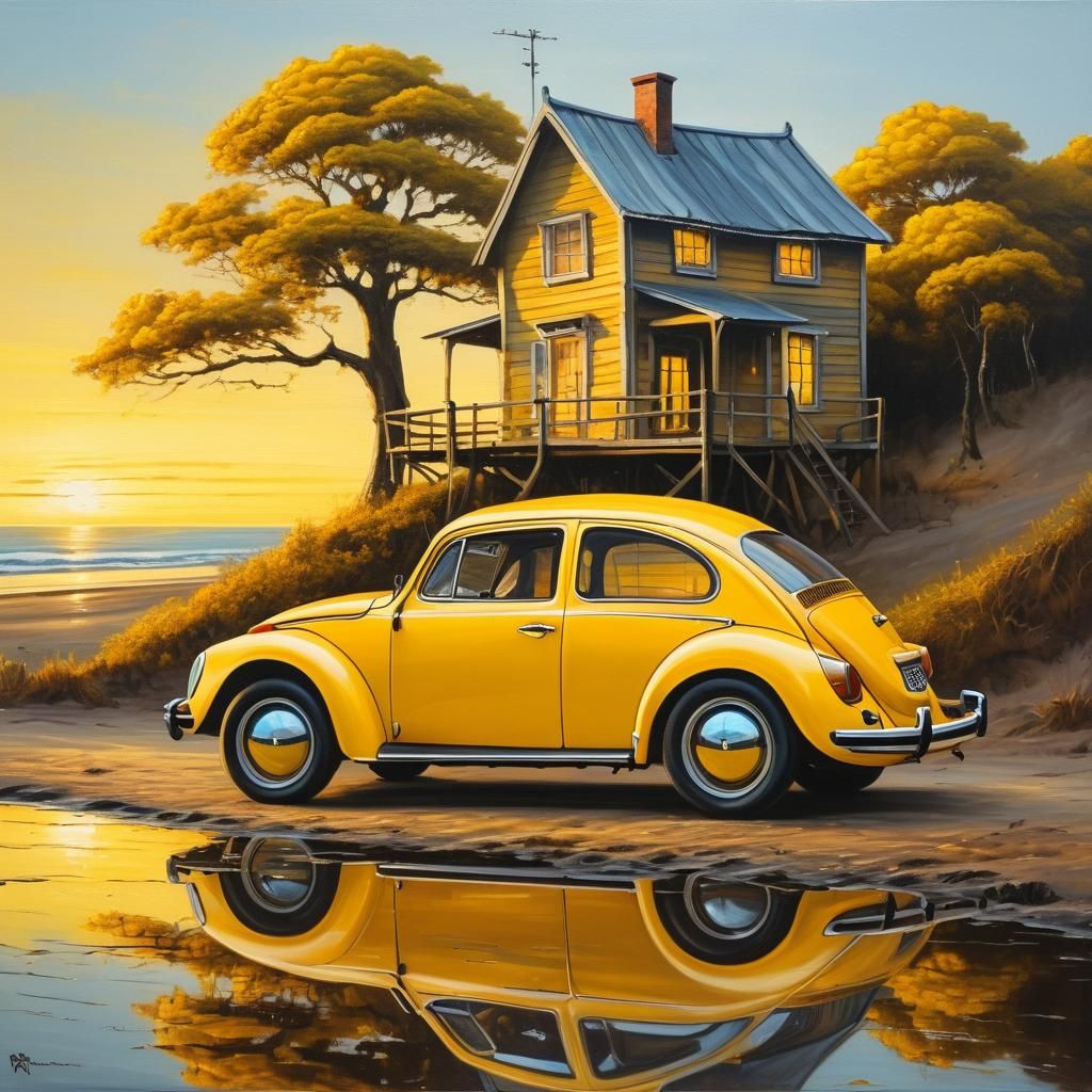 Yellow VW Beetle at Sunset, Rembrandt-Inspired Oil Painting