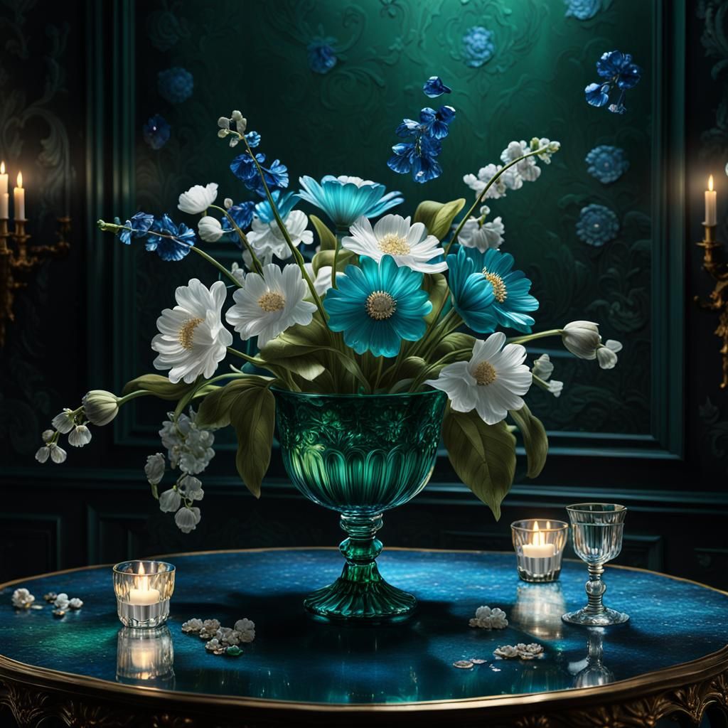 Enamel Glass Flowers on Velvet in Baroque Setting