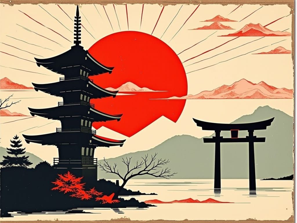 Vintage Japanese Landscape with Bold, Graphic Style