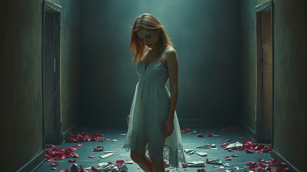 Sorrowful Young Woman in Shattered Heart Landscape