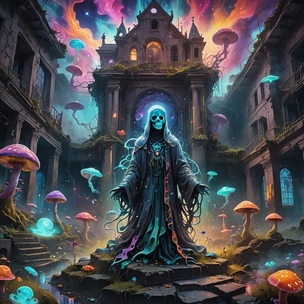 Ethereal Ghost in Abandoned Asylum, Holographic Illustration