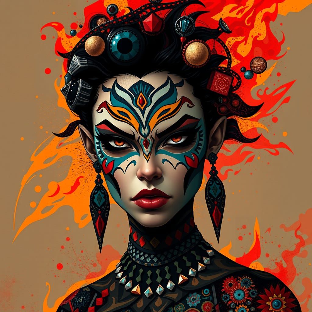 Fiery Female Avatar with Mosaic Features