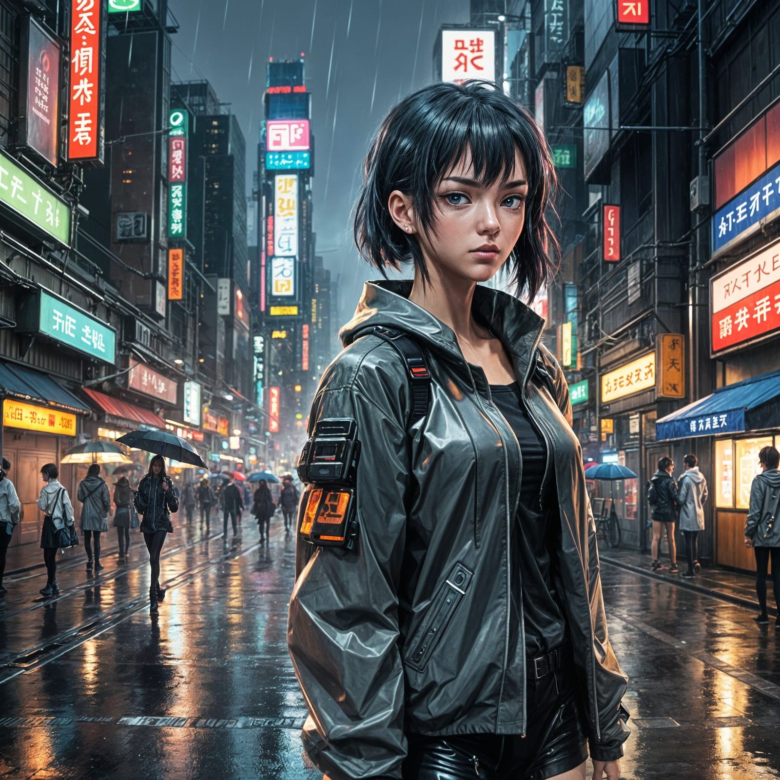 Cyberpunk Woman Walks Rainy Streets with Boredom
