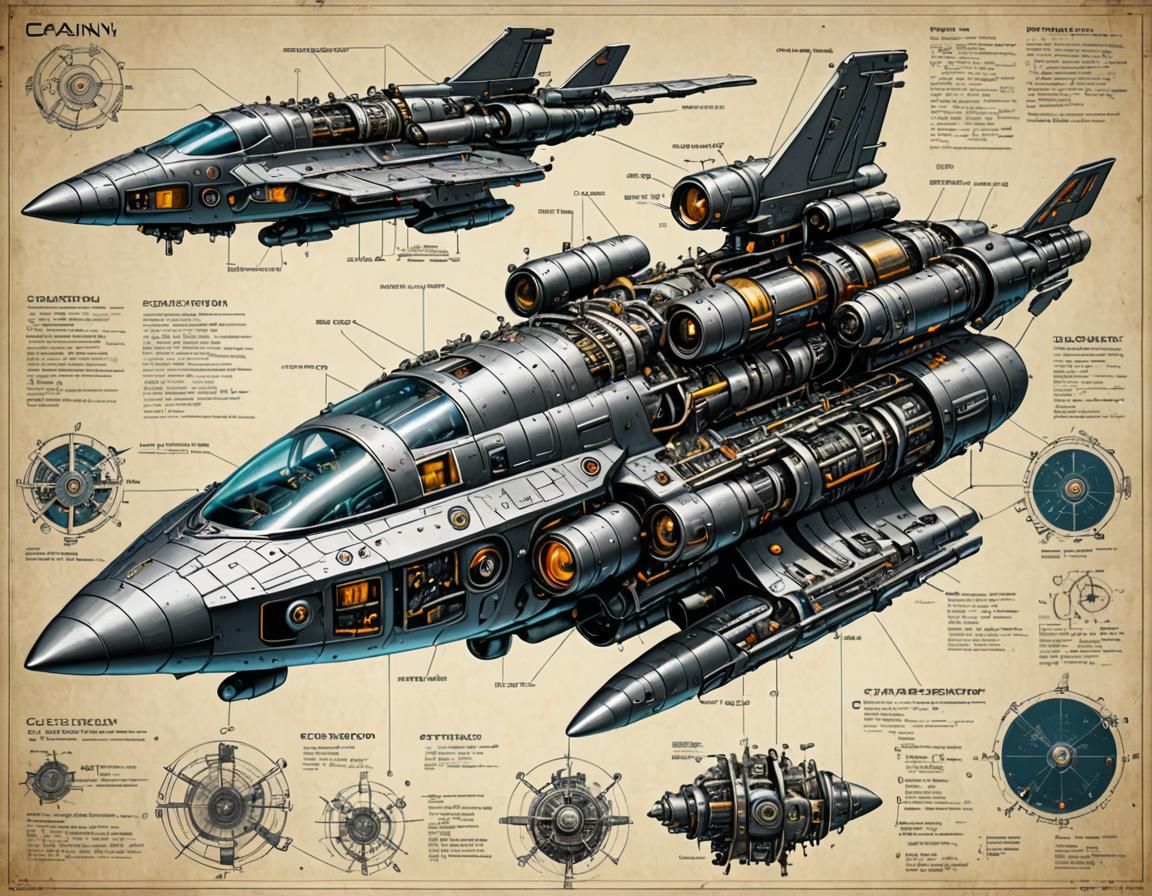 Cyberpunk Spaceship Patent Drawing: Technical Illustration