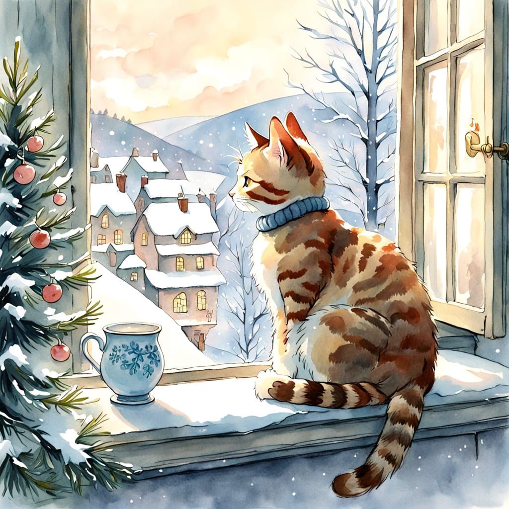 Aquarelle Christmas Cat on Windowsill