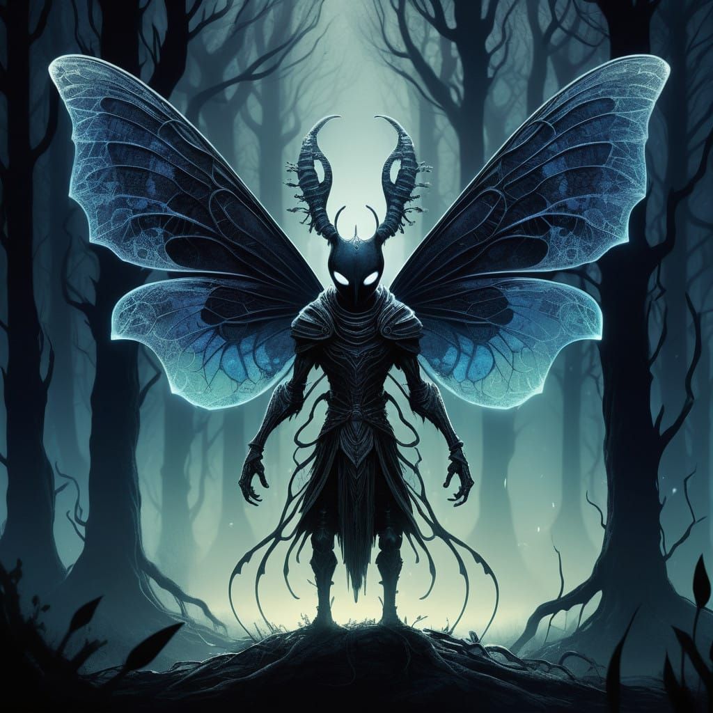 Surreal Hollow Knight Creature Illuminated in Dark, Mystical...
