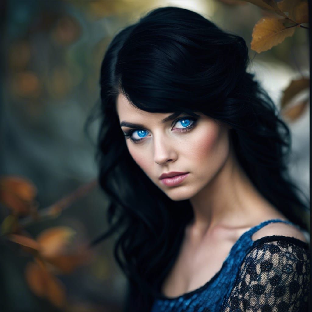 Blue-Eyed Beauty with Black Hair Portrait