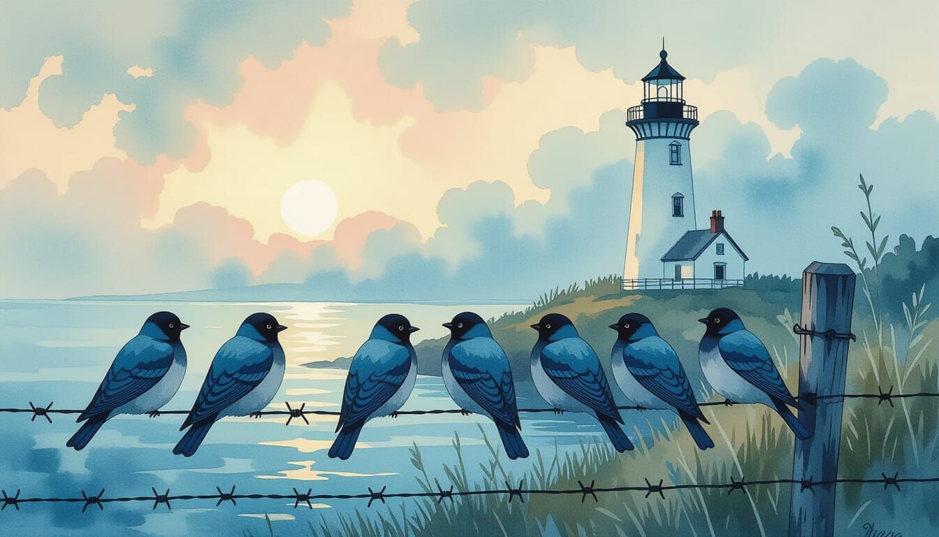 Birds on Wire: Watercolor Landscape with Lighthouse