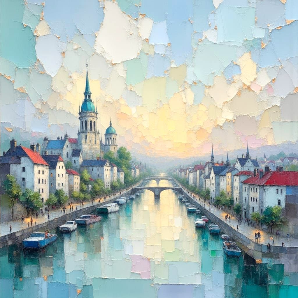 Impasto Cityscape Radiates Light and Peace