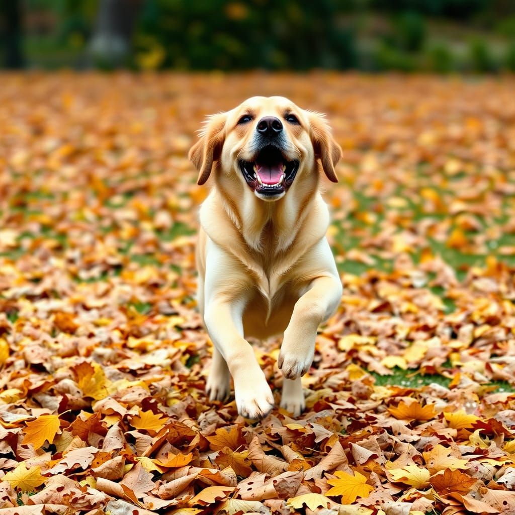 Golden Retriever Leaping Through Autumn Leaves