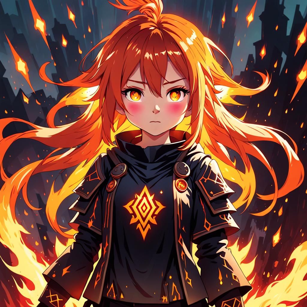 Girl with Fiery Hair and Glowing Runes