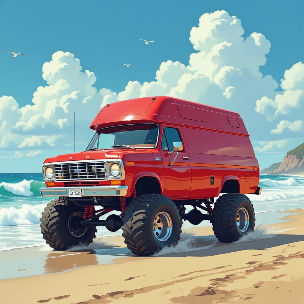 Vintage Van on Beach in Digital Art Style
