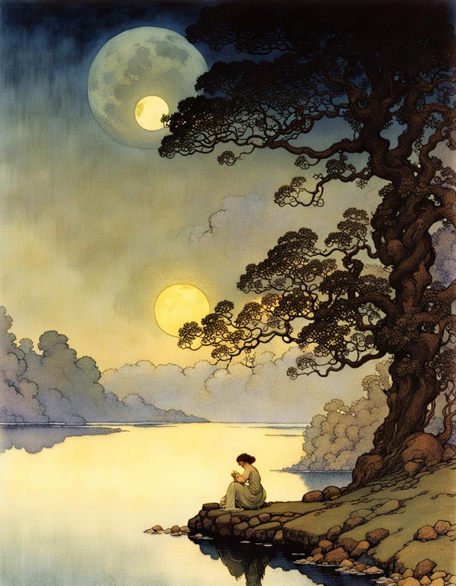 Ethereal Lady by Moonlit Lake in Rackham-Parrish Style