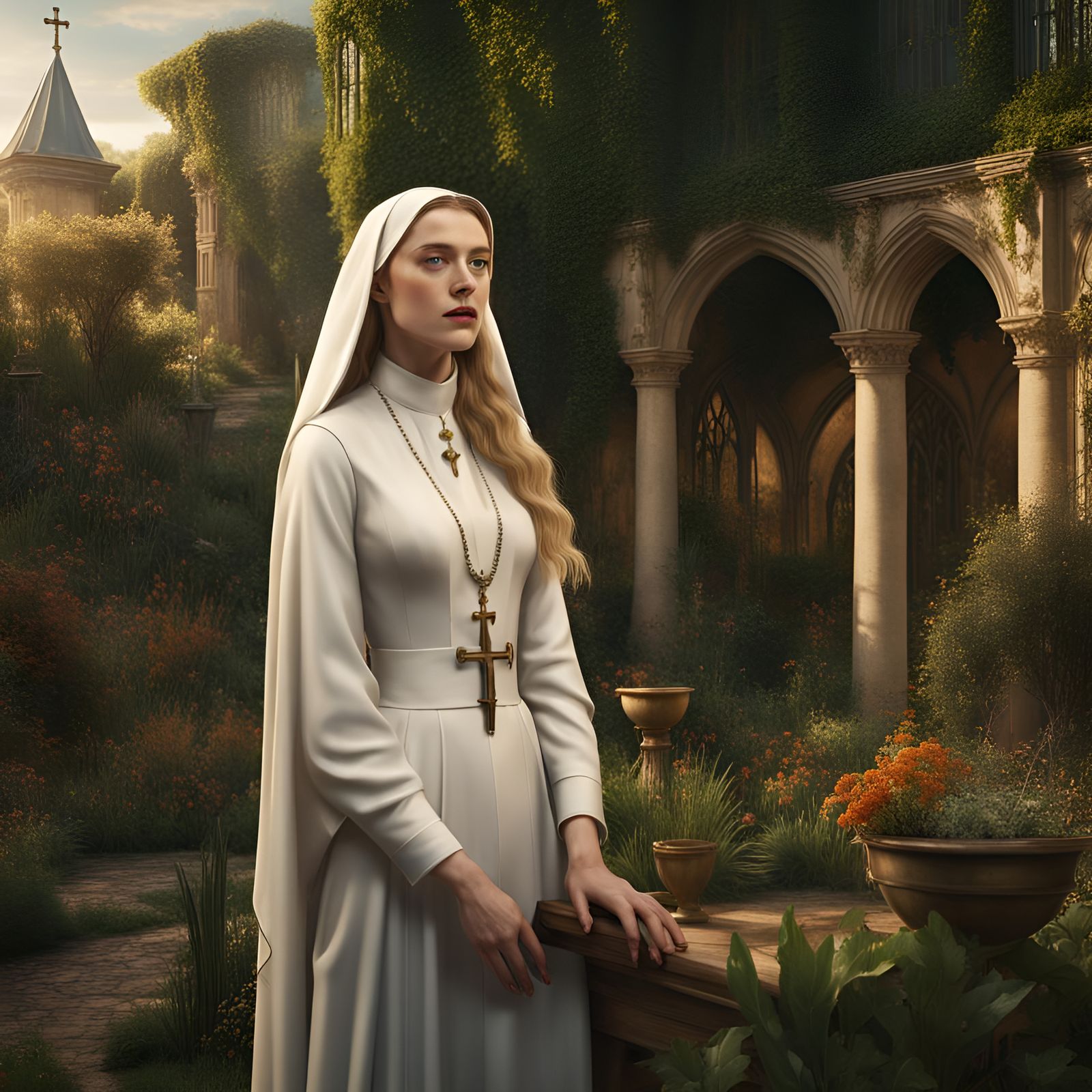 Nun in Garden, Pre-Raphaelite Style Digital Art