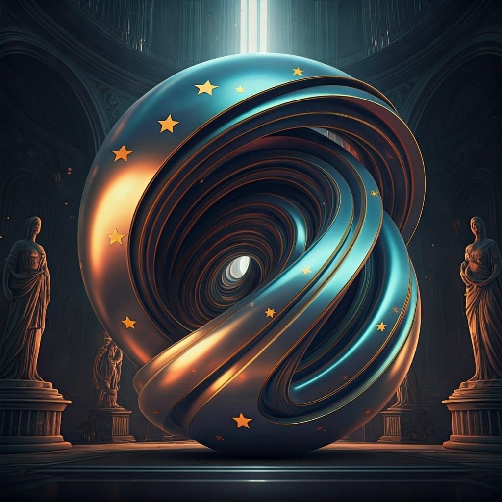 Surreal, Metallic Sculpture in a Dreamlike Scene