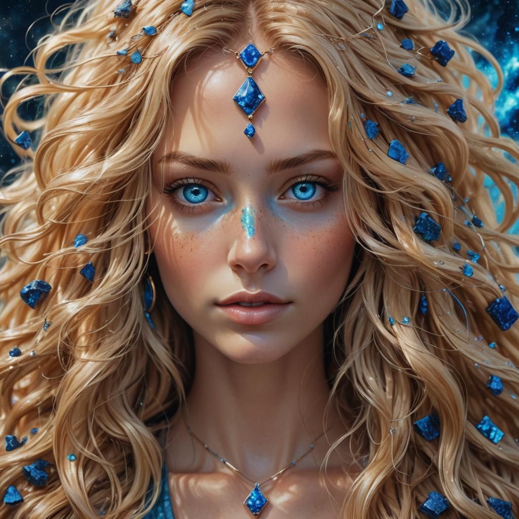 Cosmic Beauty with Azure Pendant: A Digital Painting