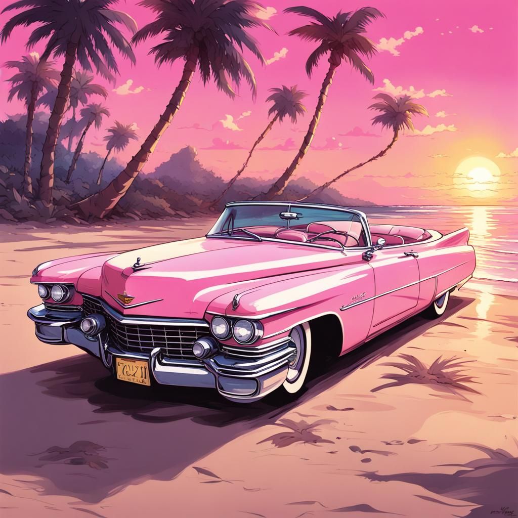 Pink Cadillac Sunset: Anime Style Beach Scene