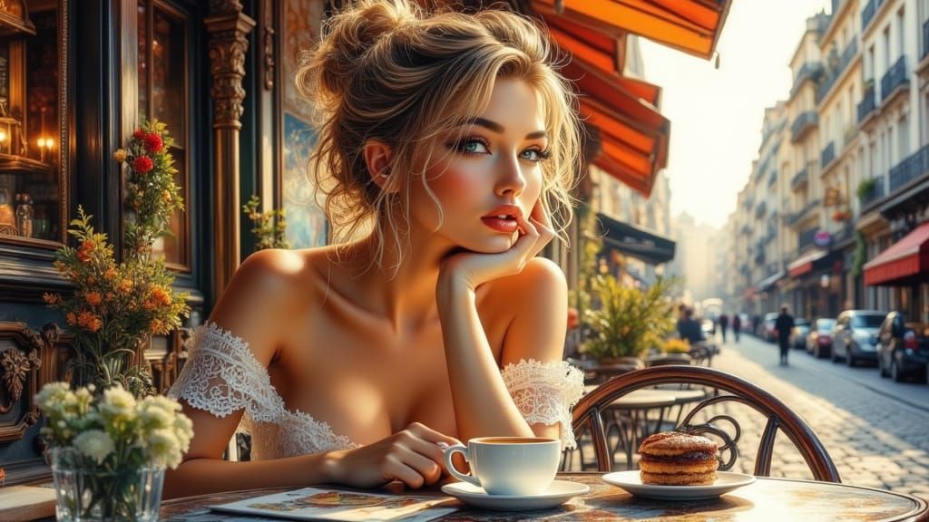 Elegant Woman in Parisian Cafe, Warm Afternoon Light