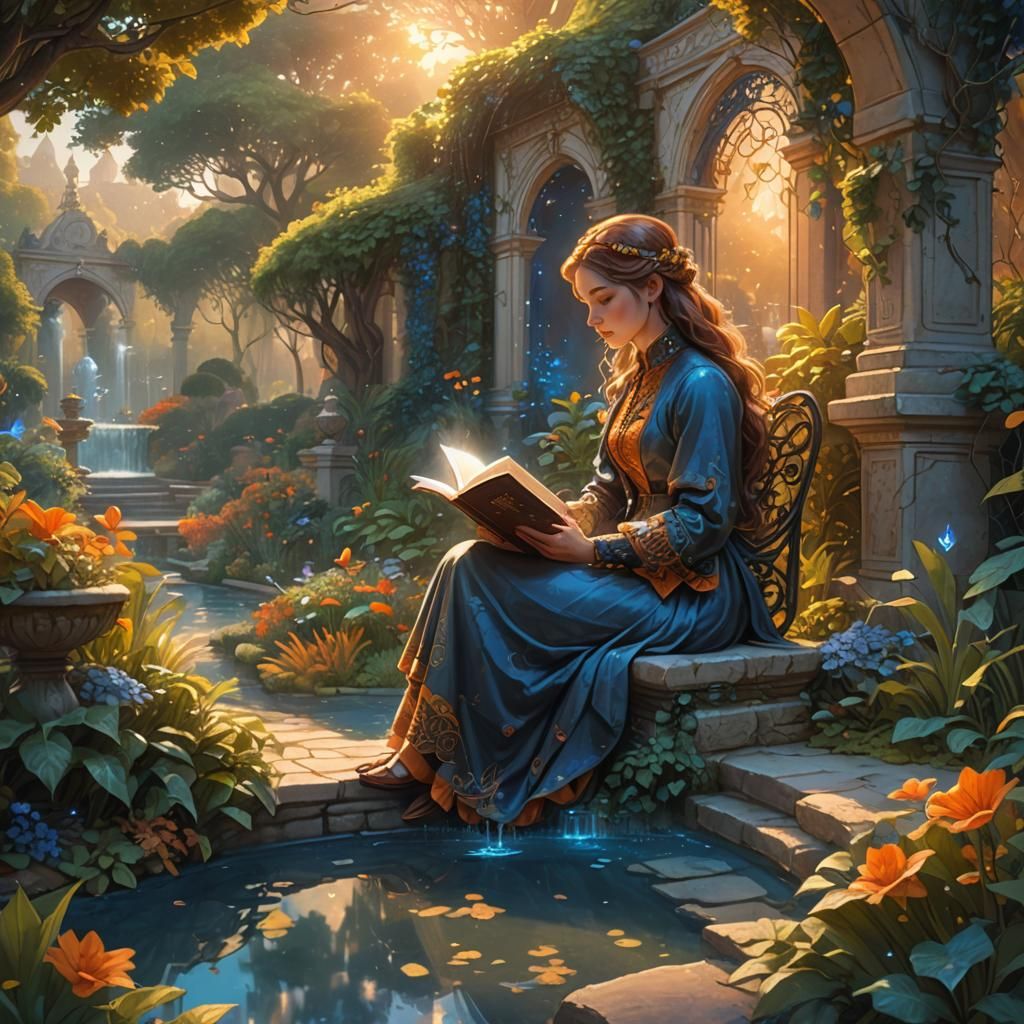 Victorian Lady Reading in a Lush Garden