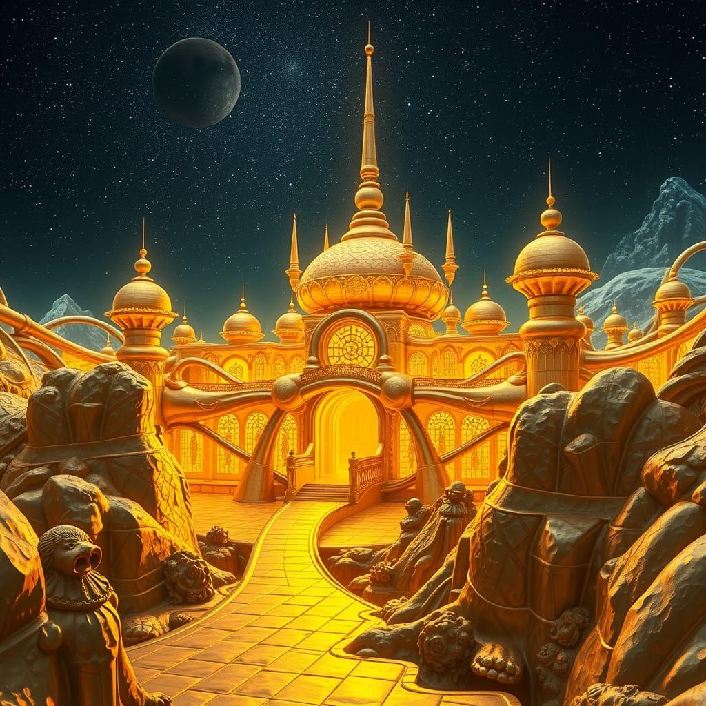Futuristic Golden Palace with Fractal Patterns in Cosmic Sty...