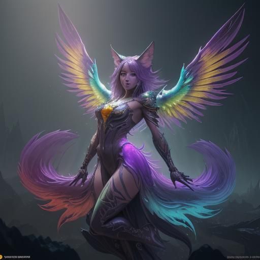 Rainbow Winged Fox: Dark Fantasy Concept Art