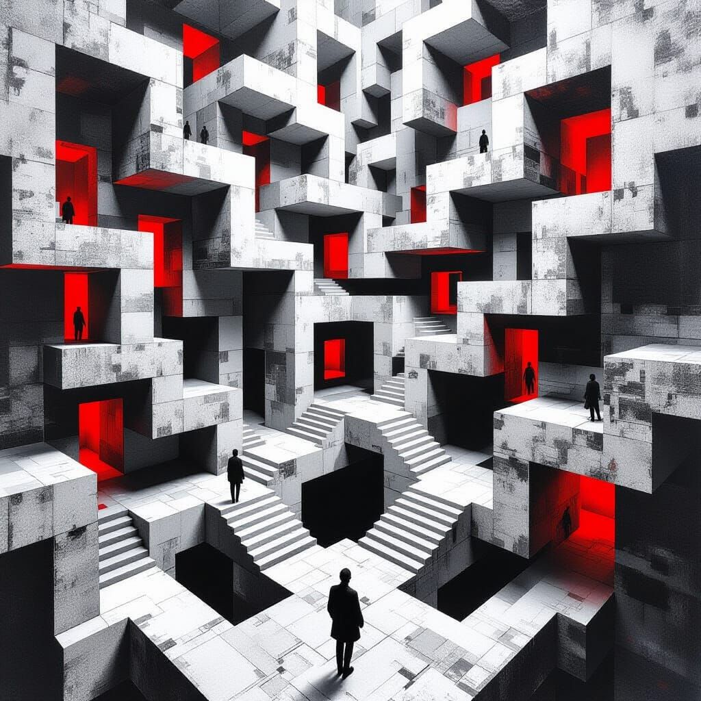 Brutalist Labyrinth: An Escher-Inspired Op Art Composition