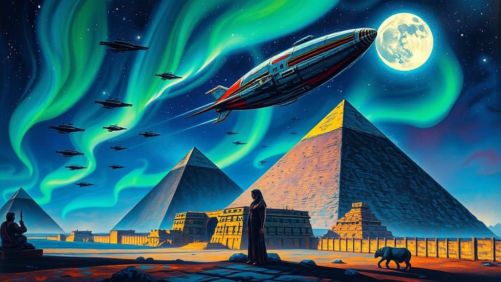 Egyptian Pyramids Illuminated by Northern Lights and Alien F...