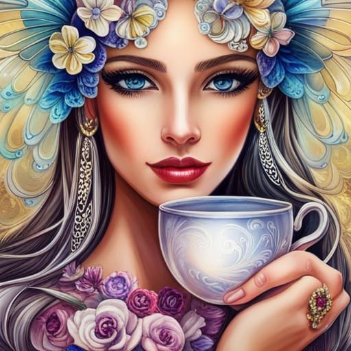 Enchanted Fairy with Crystal Teacup in Digital Art Style