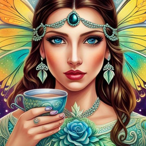 Enchanted Fairy with Crystal Teacup in Digital Art