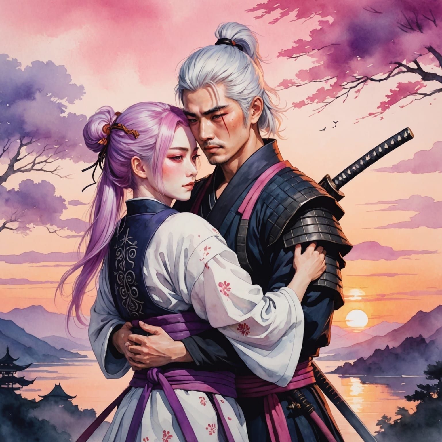 Pink Haired Samurai Hug in Watercolor Sunset
