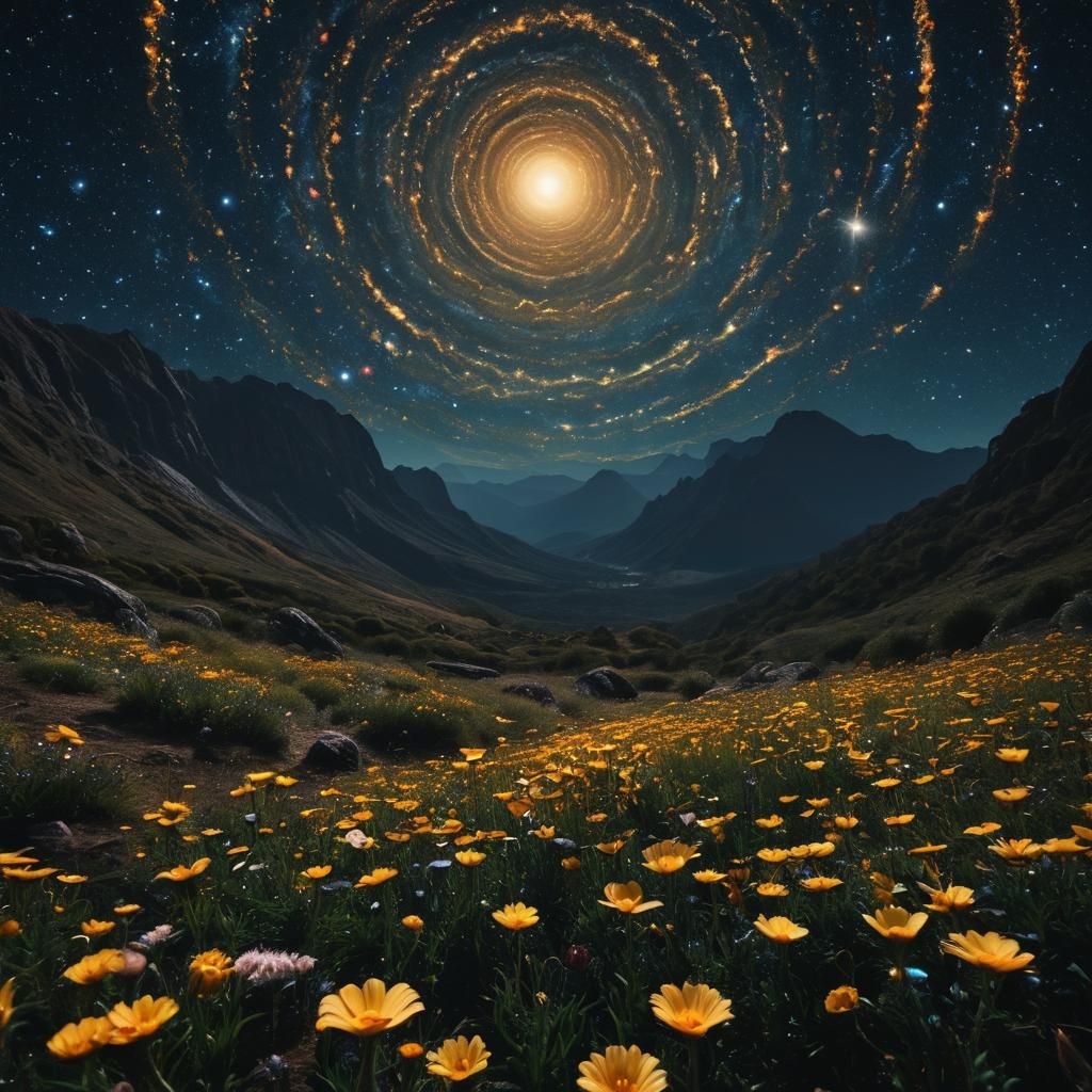 Alien Flower Garden with Spiral Universe, Cinematic Still