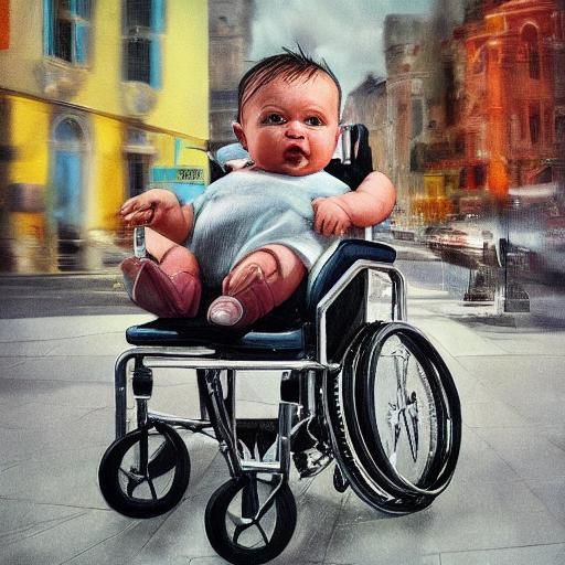 Terrified Baby in Wheelchair, Hyperrealistic Art