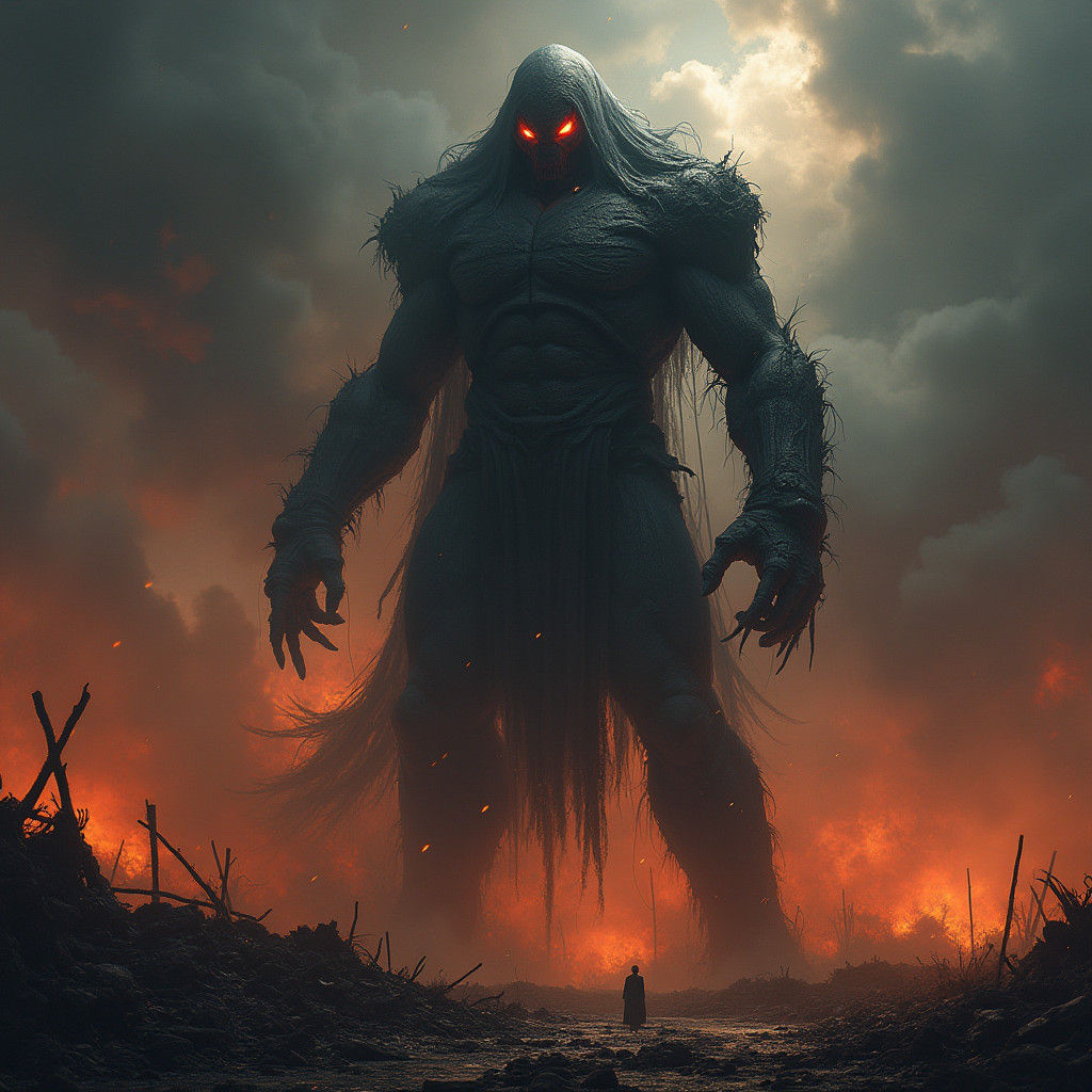 Colossal Figure Atop Ruined Landscape