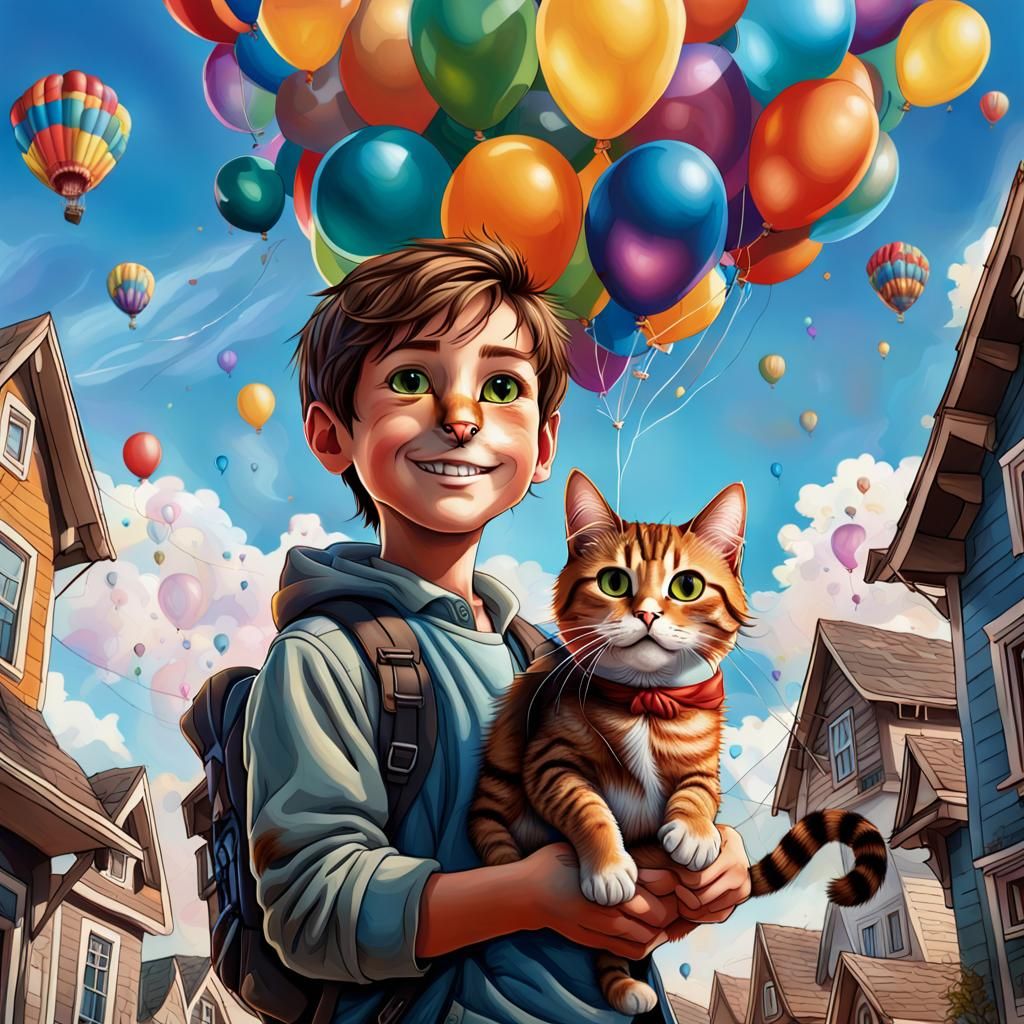Boy with Cat and Balloons in Hyperrealistic Style