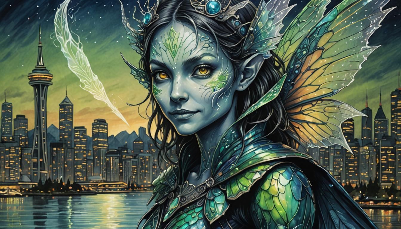 Faerie Paints Vancouver Skyline: Surreal Pencil Sketch