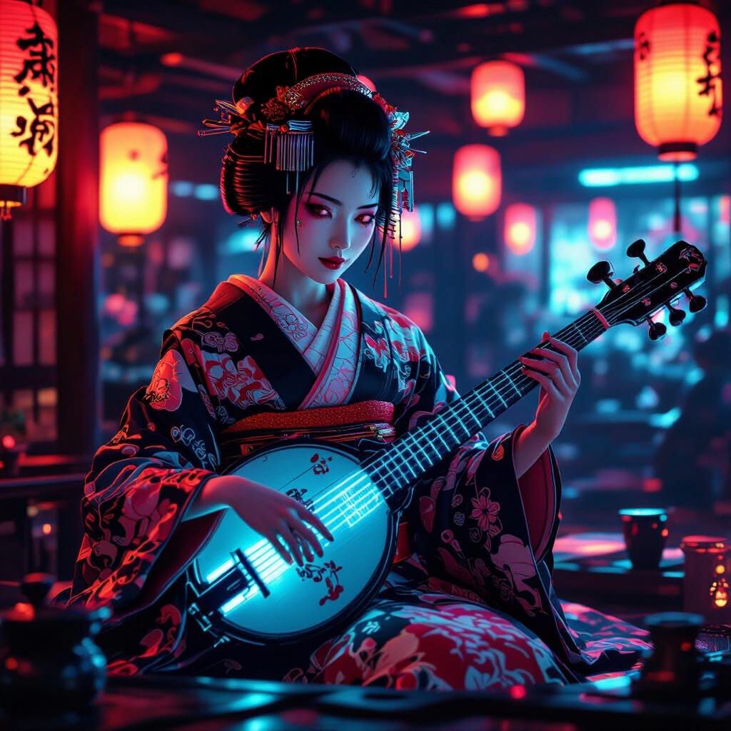 Cyberpunk Geisha Plays Shamisen in Neon Teahouse
