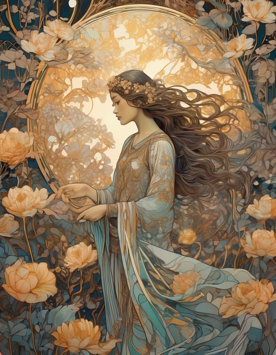 Ethereal Floral Goddess in Luxurious Art Nouveau Style