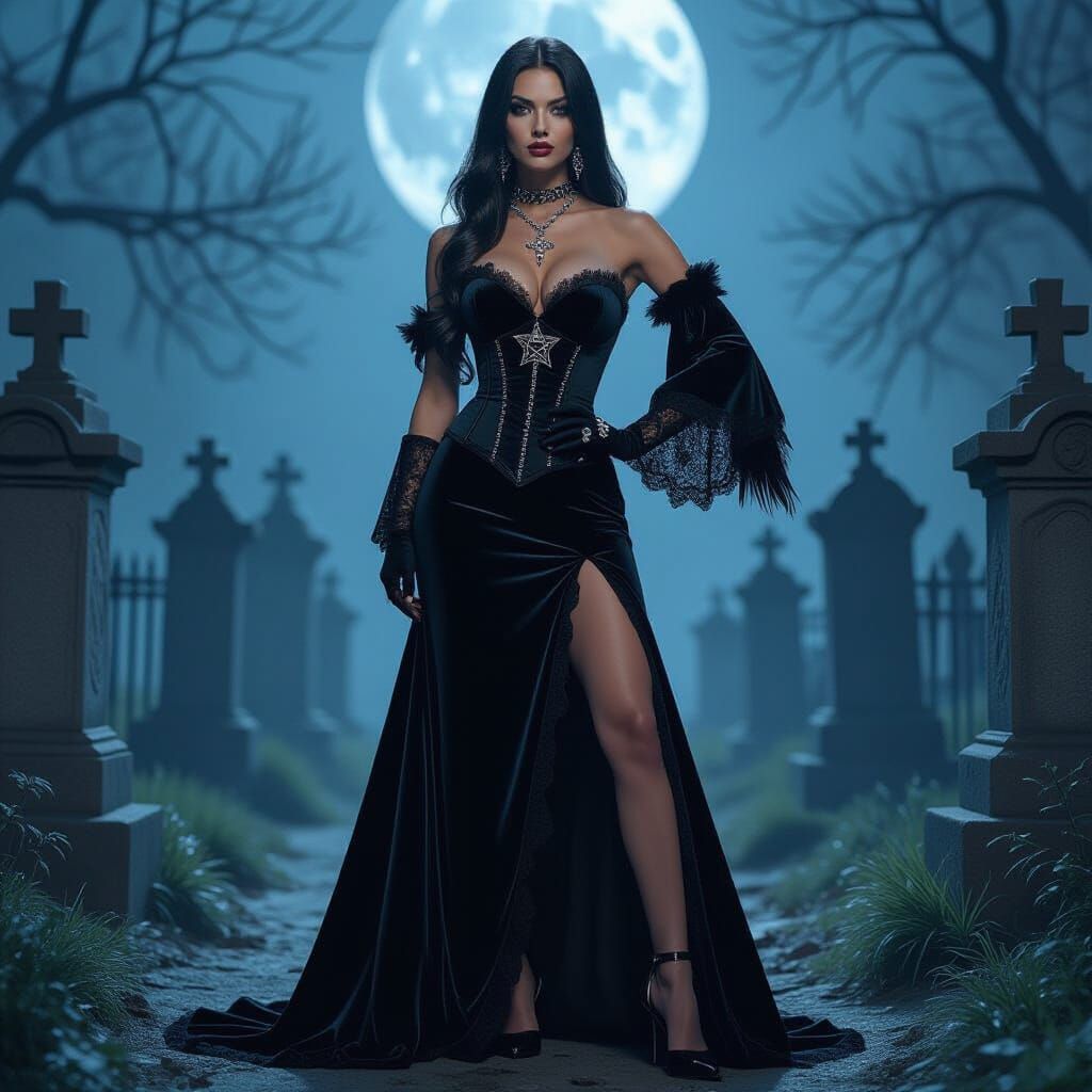 Gothic Priestess with Raven in Moonlit Cemetery