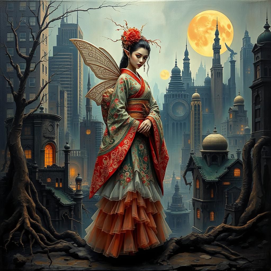 Geisha Fairy Elf in Dystopian Metropolis as Surreal Art