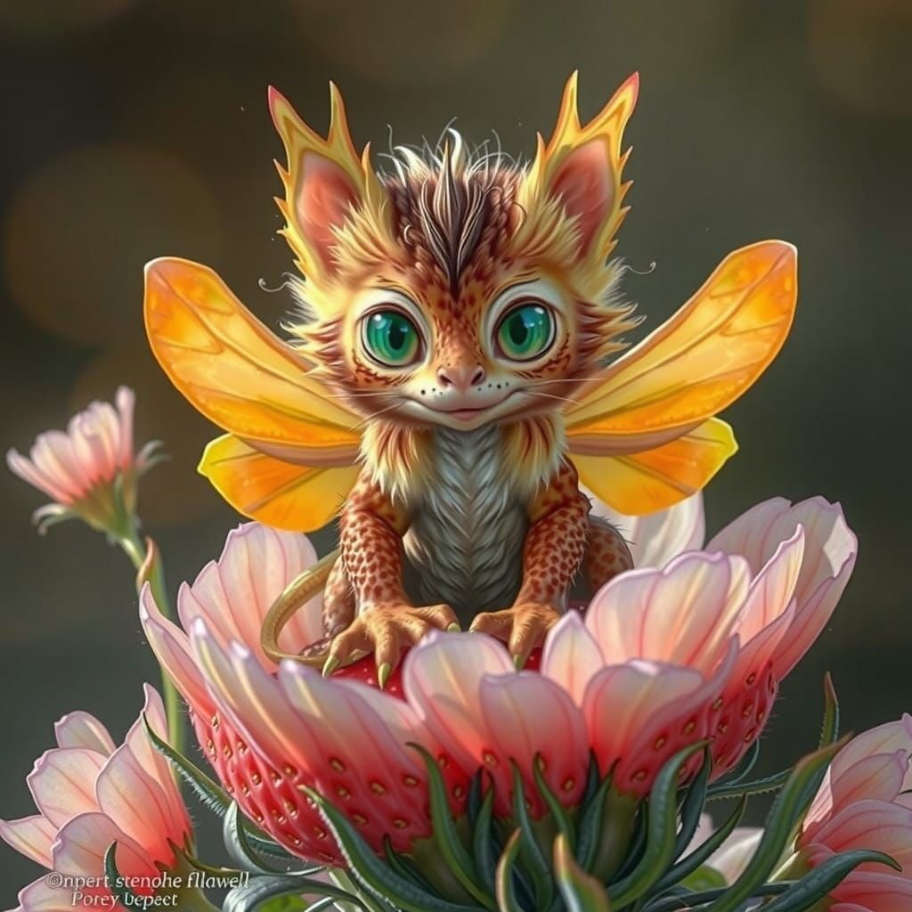 Whimsical Dragon Perched on a Juicy Strawberry in a Sunlit G...