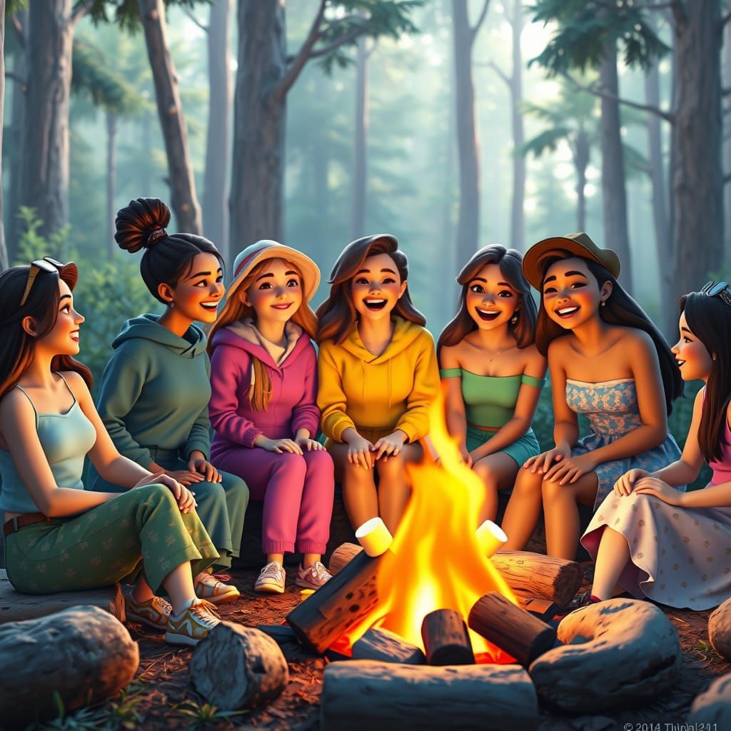 Diverse Women Laughing Around Campfire in Pixar Style