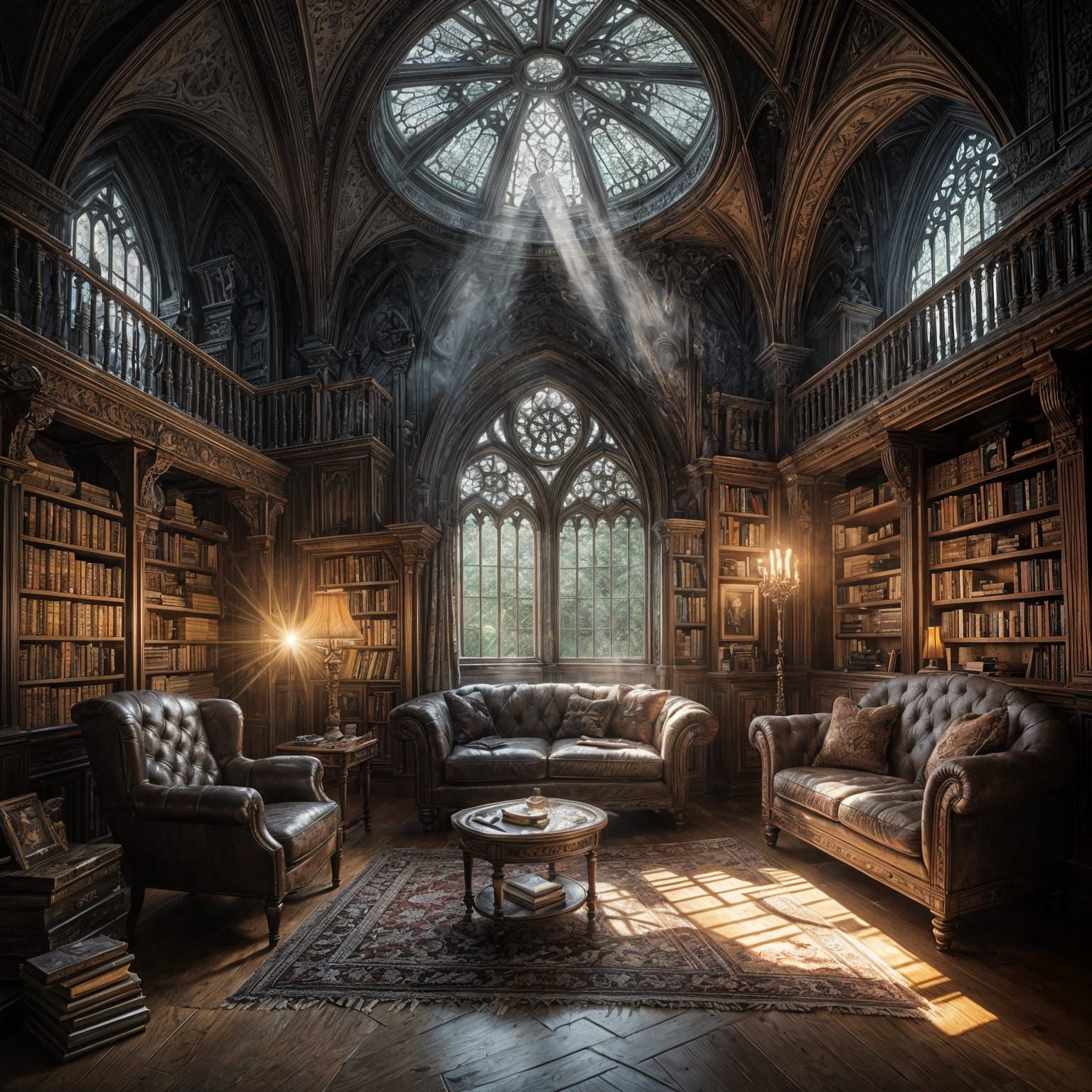 Enchanting Reading Nook in Gothic Mansion, Digital Art
