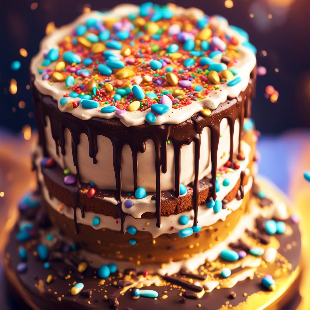 Luscious Cake on Golden Pedestal in Fantasy Art