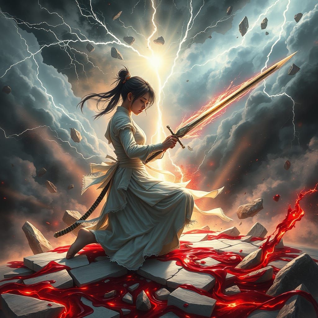 Sword Prodigy's Cosmic Sacrifice in Dark Surrealism