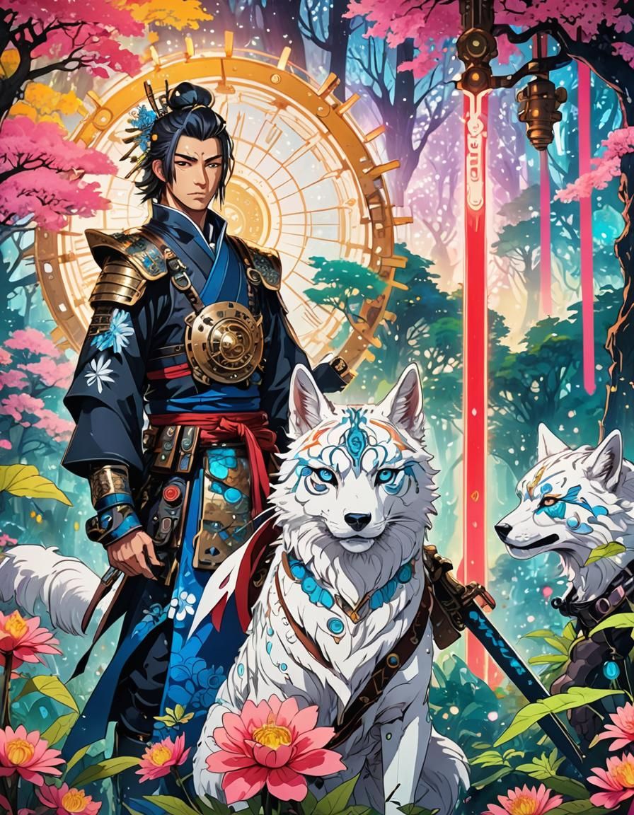 Steampunk Samurai in Bioluminescent Forest, Ink Anime Art