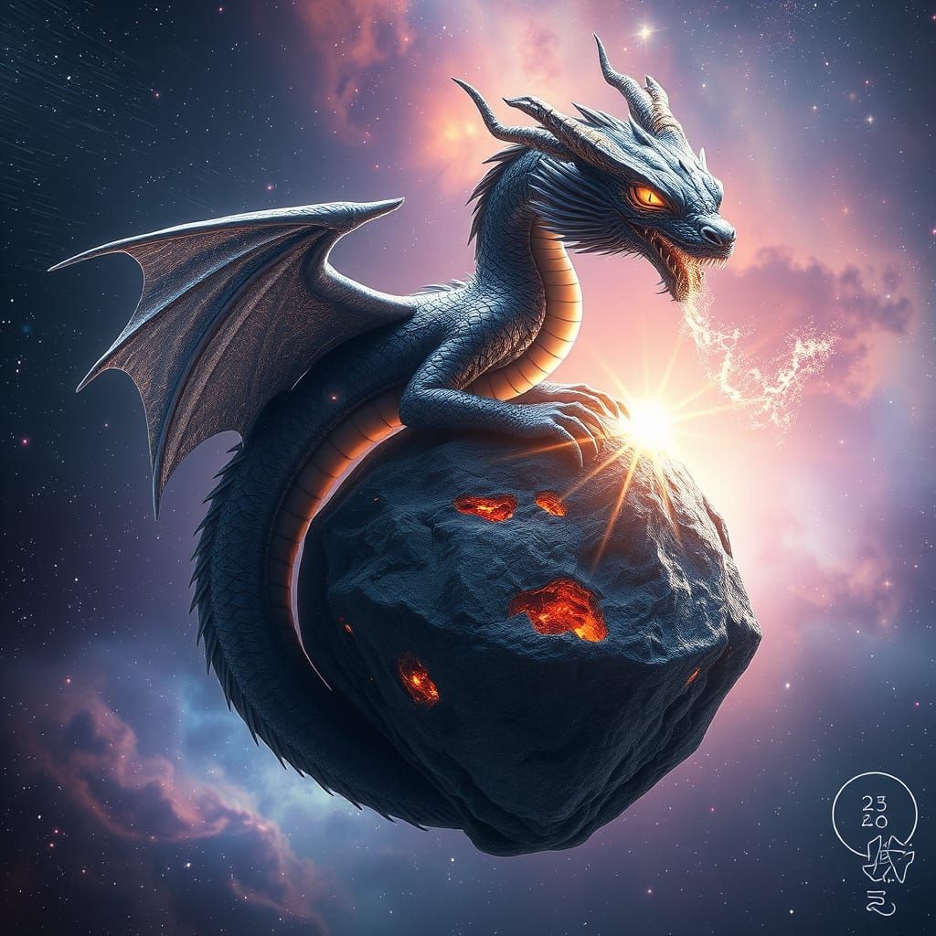 Celestial Dragon Coiled Around Asteroid in Nebula