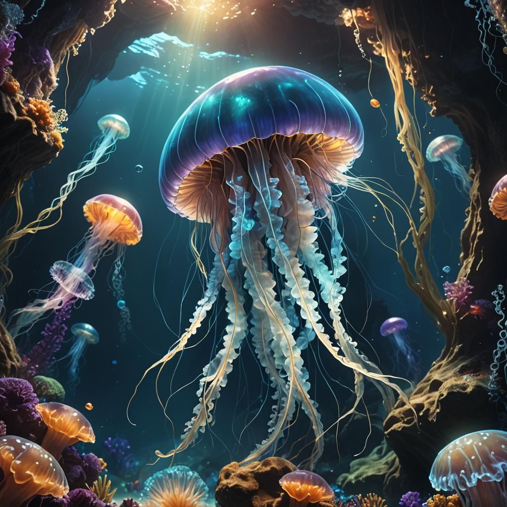 Underwater Cave Jellyfish with Bioluminescent Plants