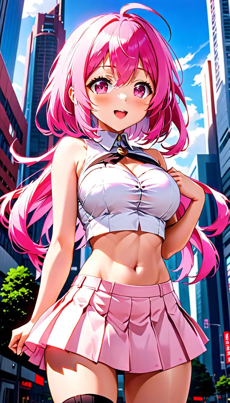 Enthusiastic Pink-Haired Anime Girl in Pleated Skirt